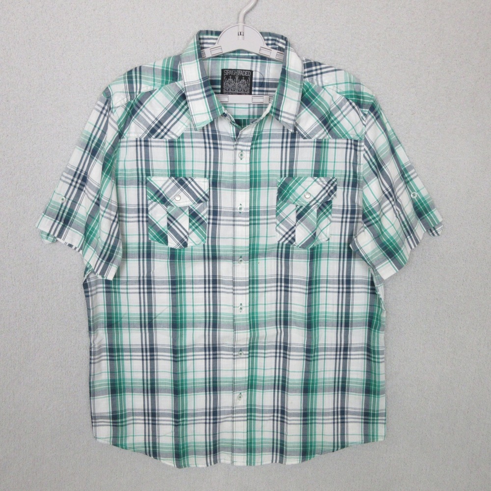 Straight Faded Short Sleeve‎ Shirt Men's XL Plaid Button Up  Green White Blue